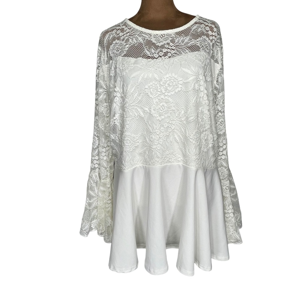 Hanna Nikole Womens 1X White Lace Bell Sleeve Peplum Tunic Top Cottagecore *READ